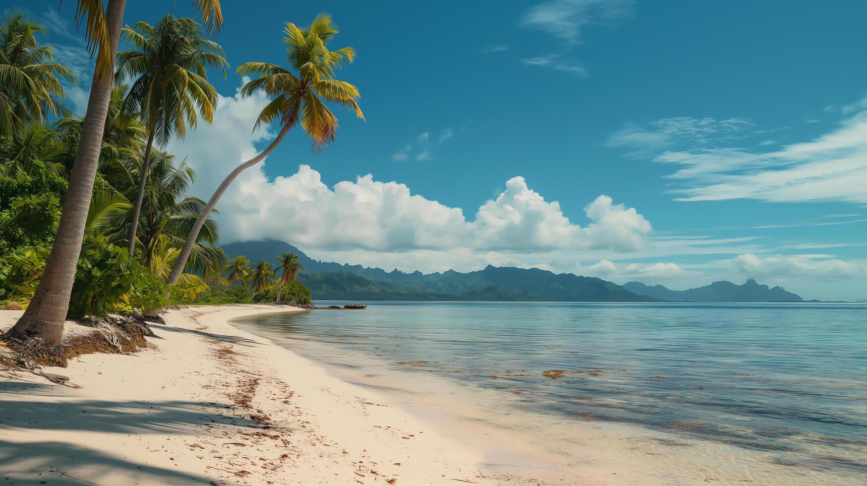 ai generado un playa con palma arboles y agua. playa fondo de pantalla foto