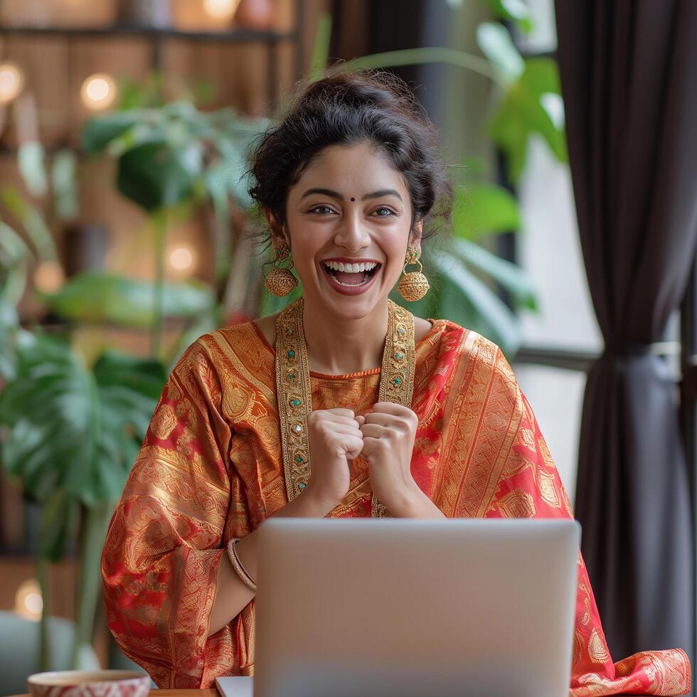AI generated Portrait of a beautiful young woman working using computer laptop concentrated and smiling photo