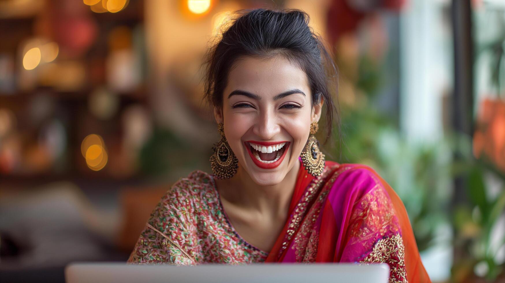 AI generated Portrait of a beautiful young woman working using computer laptop concentrated and smiling photo