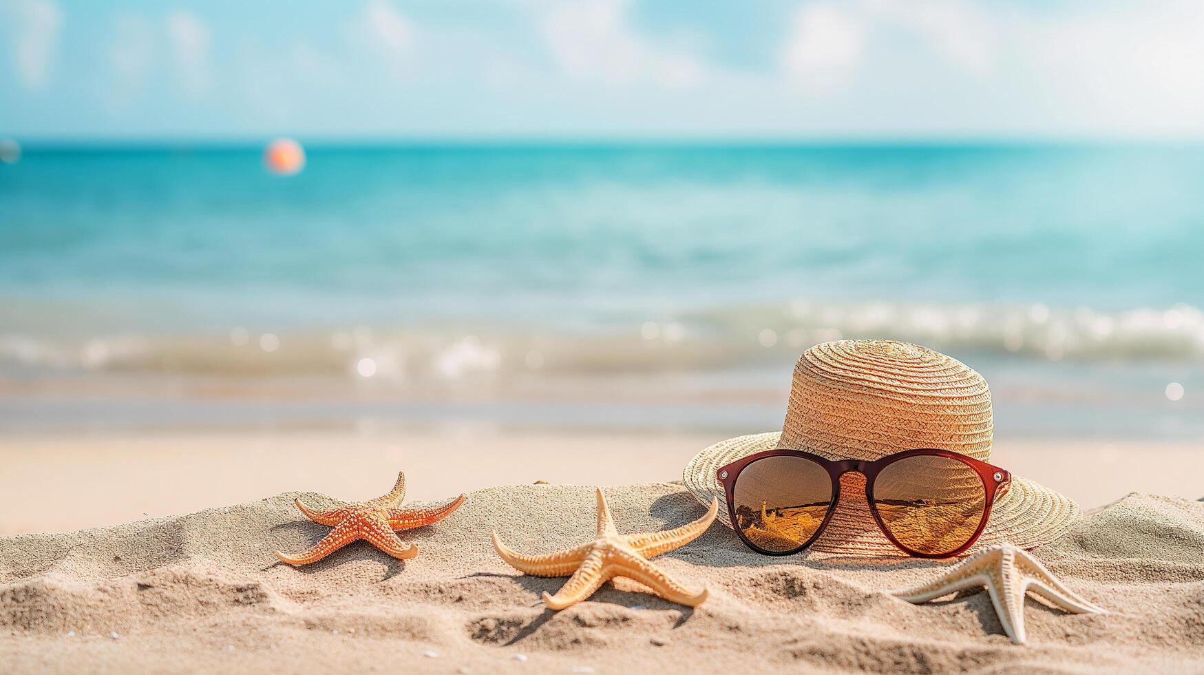 AI generated sea shells and starfish on sand on the sandy beach. Summer background photo