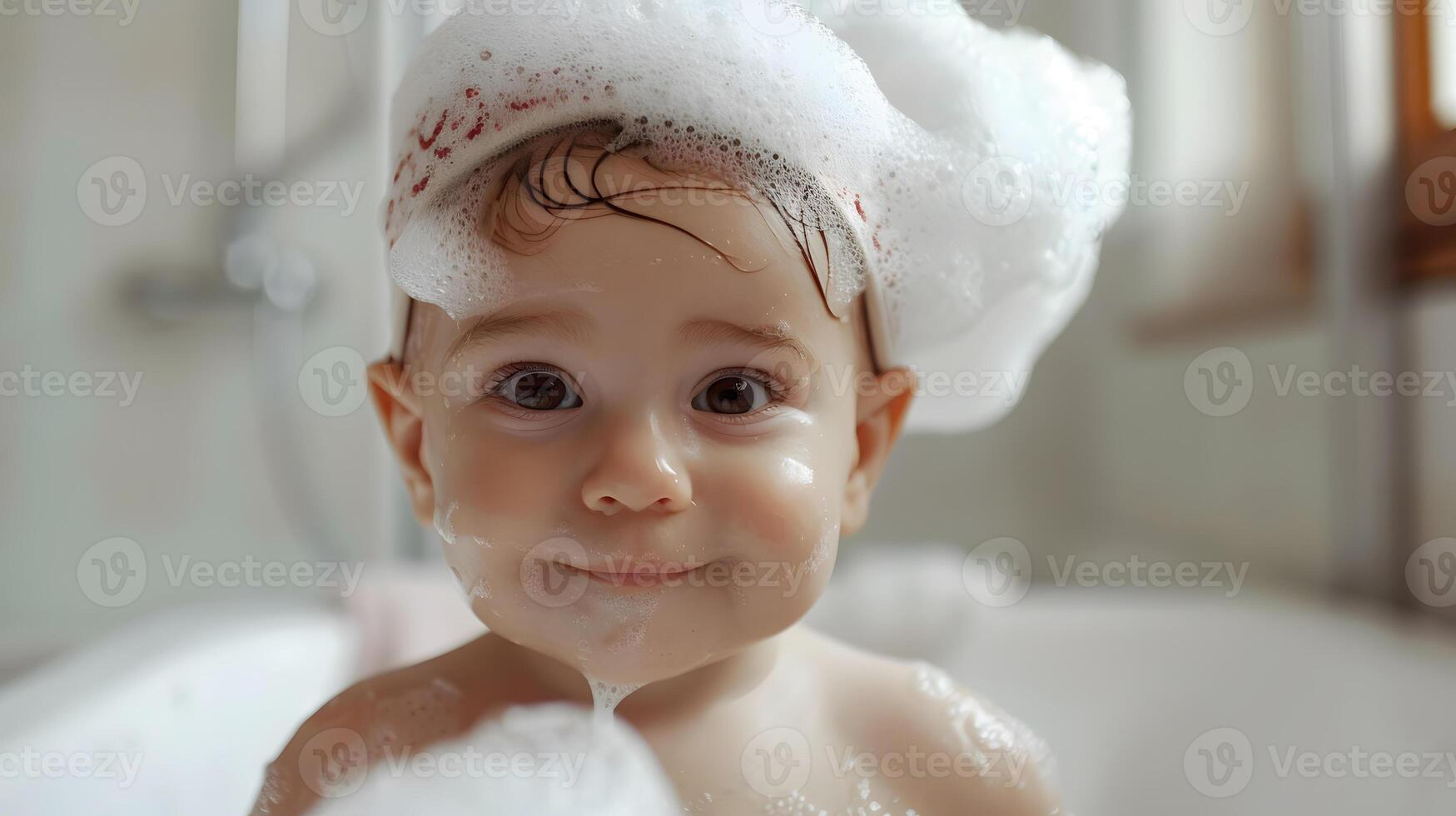 ai generado un linda pequeño niño con pequeño espuma en su cabeza. ai generado foto