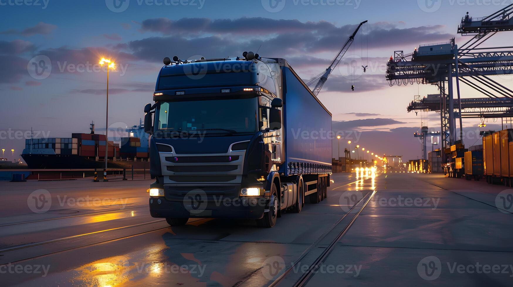 AI generated Truck trailer on the pier in the cargo port terminal with cranes and containers. AI Generated photo