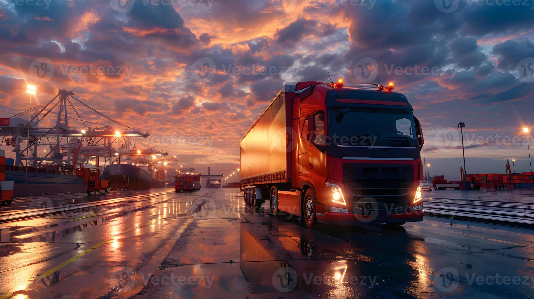 AI generated Truck trailer on the pier in the cargo port terminal with cranes and containers. AI Generated photo