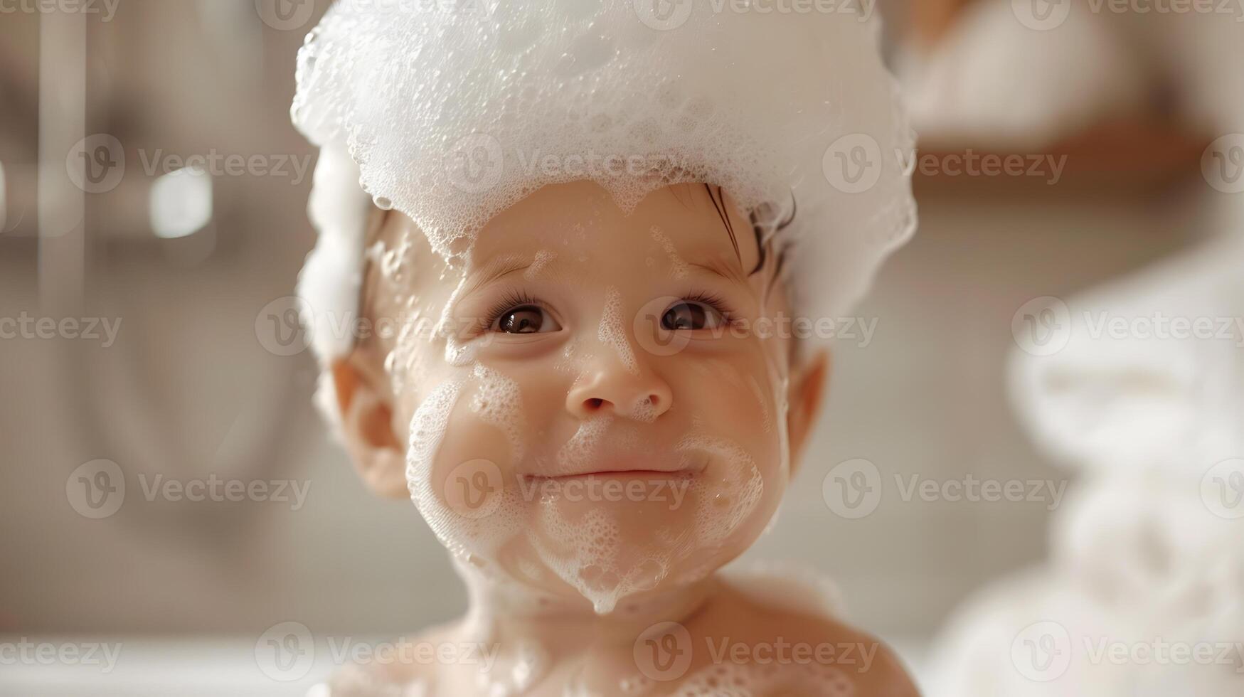 ai generado un linda pequeño niño con pequeño espuma en su cabeza. ai generado foto