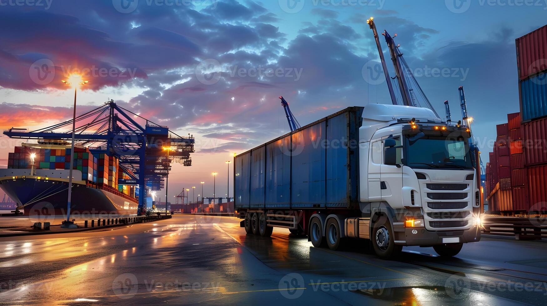 AI generated Truck trailer on the pier in the cargo port terminal with cranes and containers. AI Generated photo