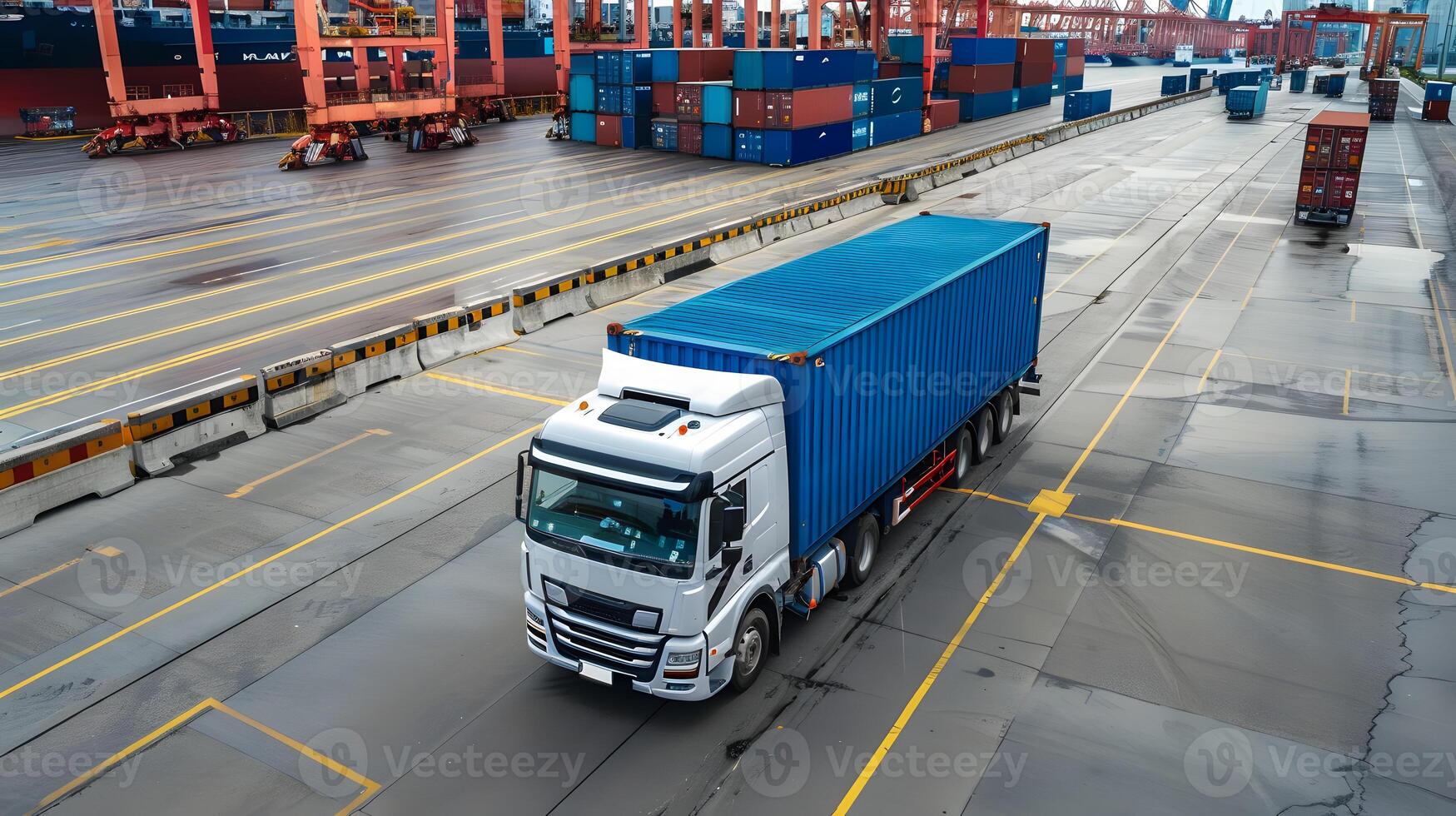 ai generado camión remolque en el muelle en el carga Puerto terminal con grúas y contenedores ai generado foto