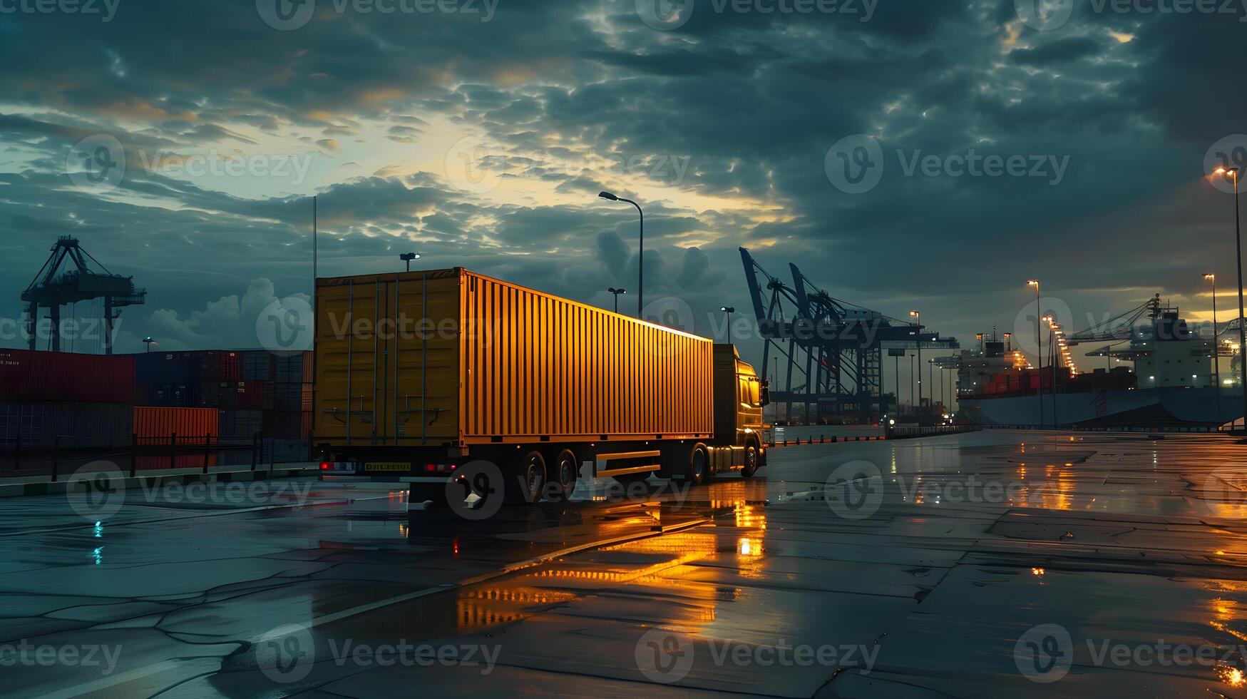 AI generated Truck trailer on the pier in the cargo port terminal with cranes and containers. AI Generated photo