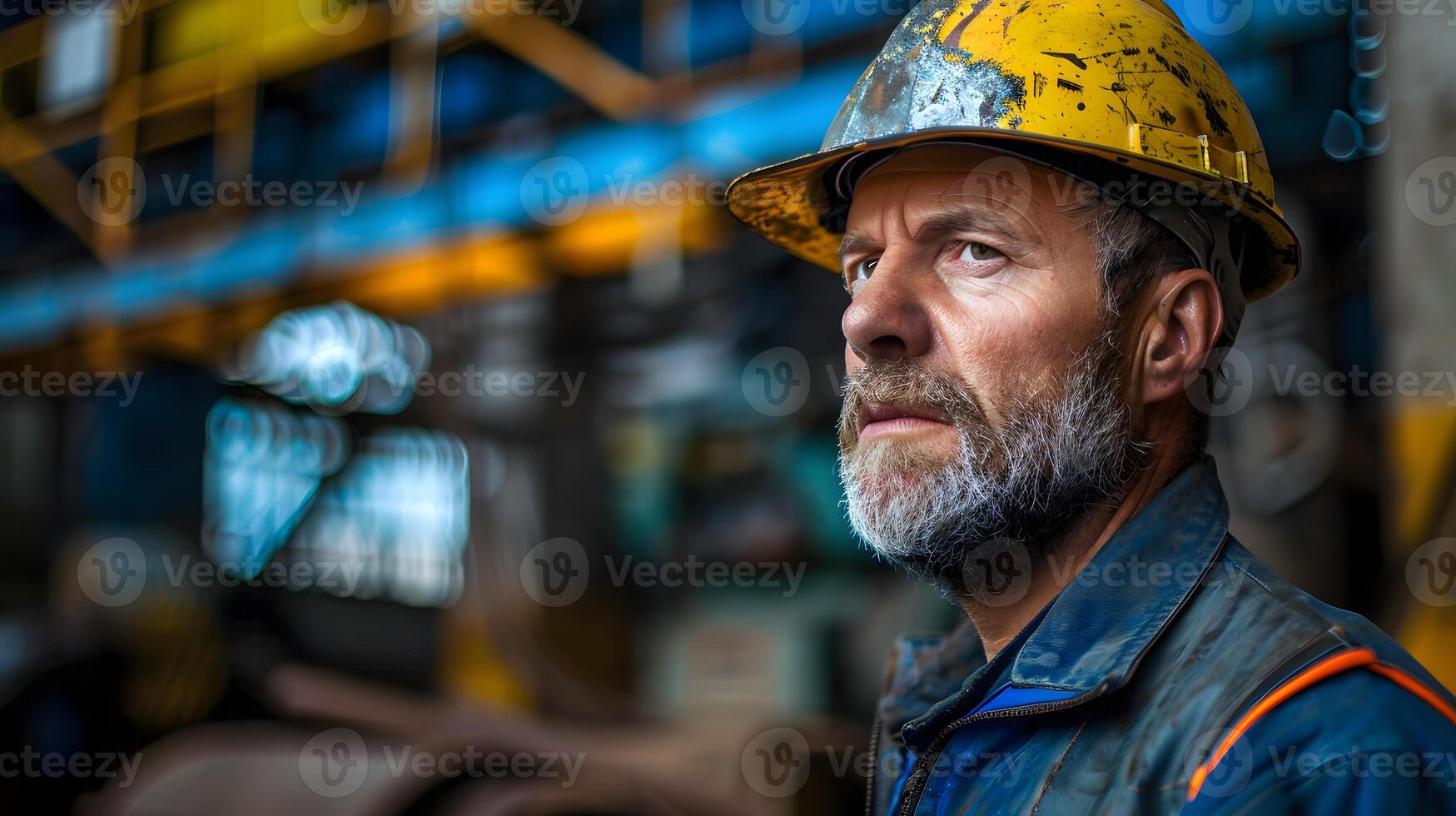 AI generated Portrait of a working man in a uniform and a hard hat. AI Generated photo