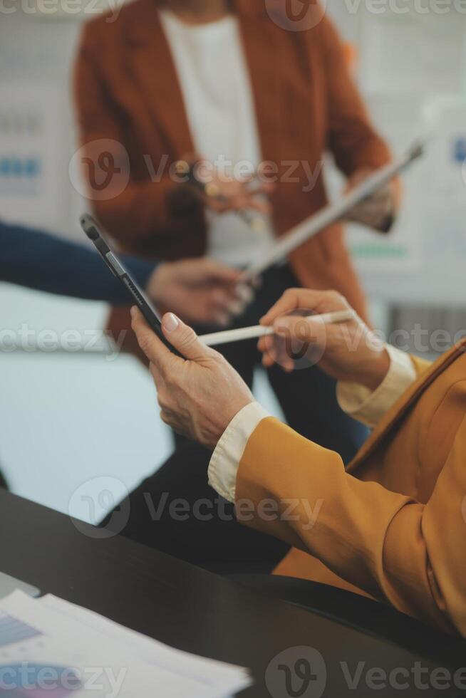 Team of young Asian entrepreneur have serious and disagreement in team meeting for upcoming project for marketing and sale management with skyscraper view for business startup and education concept photo
