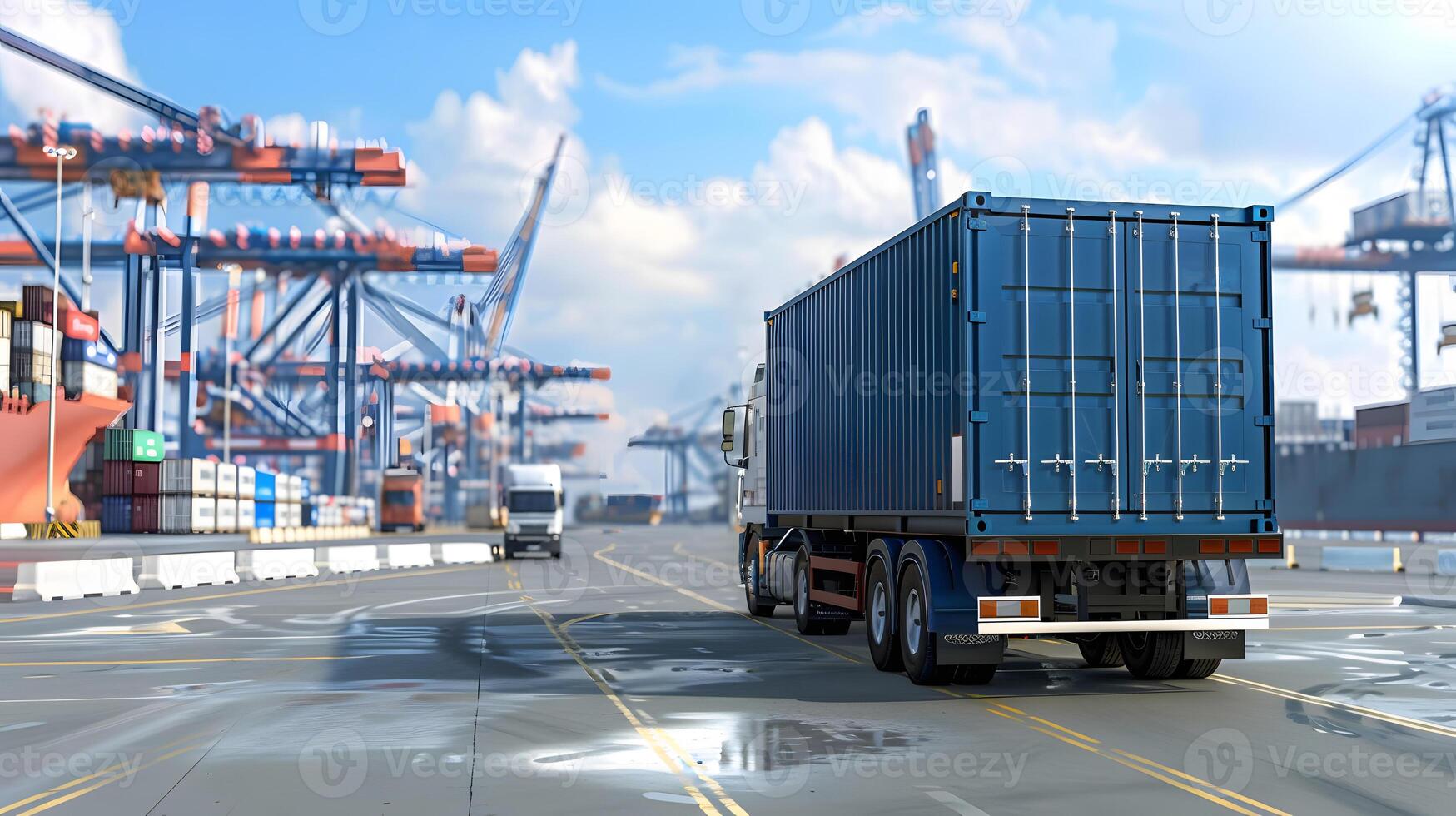 AI generated Truck trailer on the pier in the cargo port terminal with cranes and containers. AI Generated photo