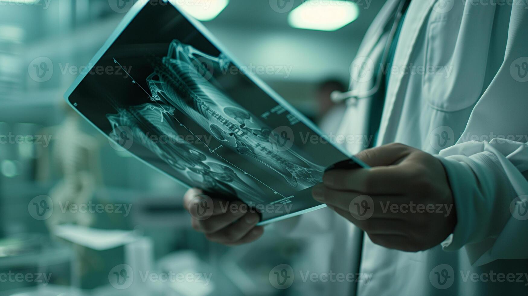 A doctor is holding a medical image of a patient's spine. The image is in blue and white, and the doctor is looking at it intently. Scene is serious and focused photo