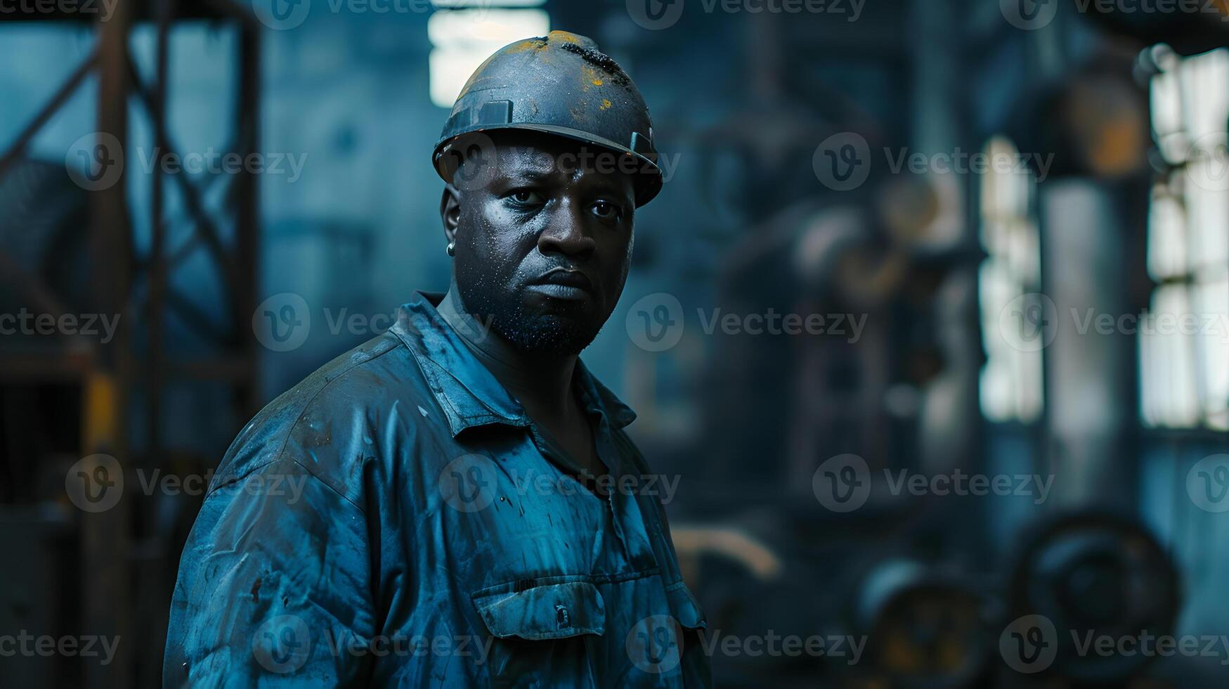 AI generated Portrait of a working man in a uniform and a hard hat. AI Generated photo