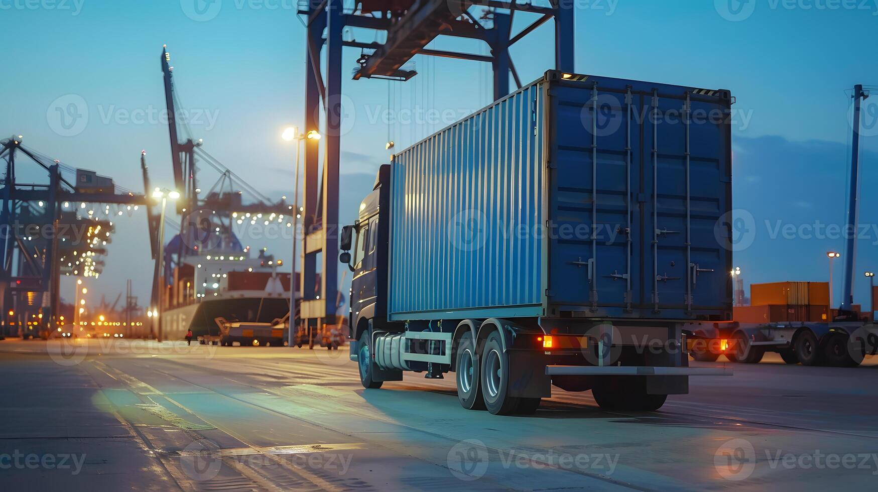 AI generated Truck trailer on the pier in the cargo port terminal with cranes and containers. AI Generated photo