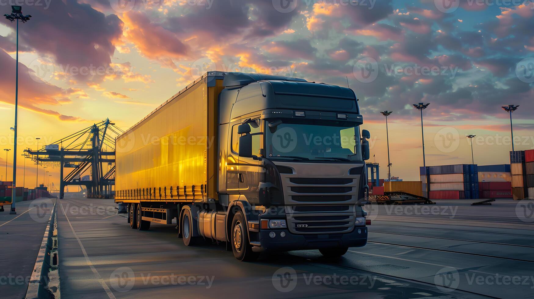 AI generated Truck trailer on the pier in the cargo port terminal with cranes and containers. AI Generated photo