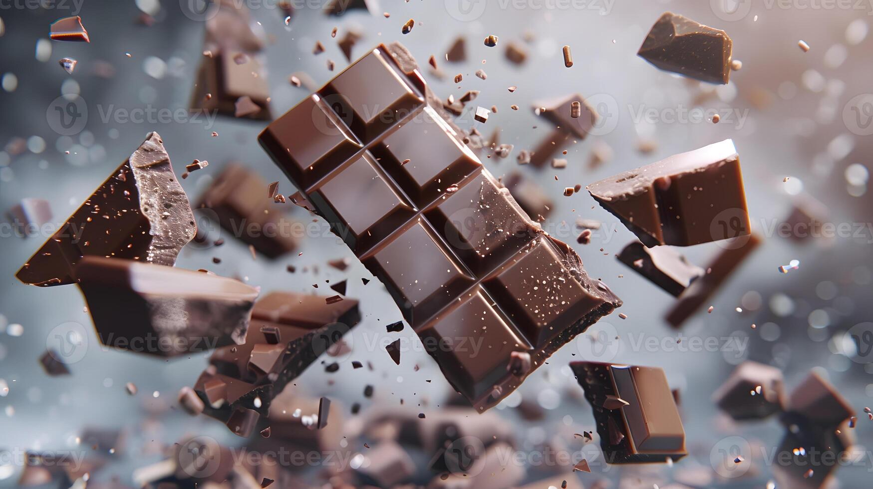 AI generated Sweet dark chocolate bar broken into pieces. AI Generated photo