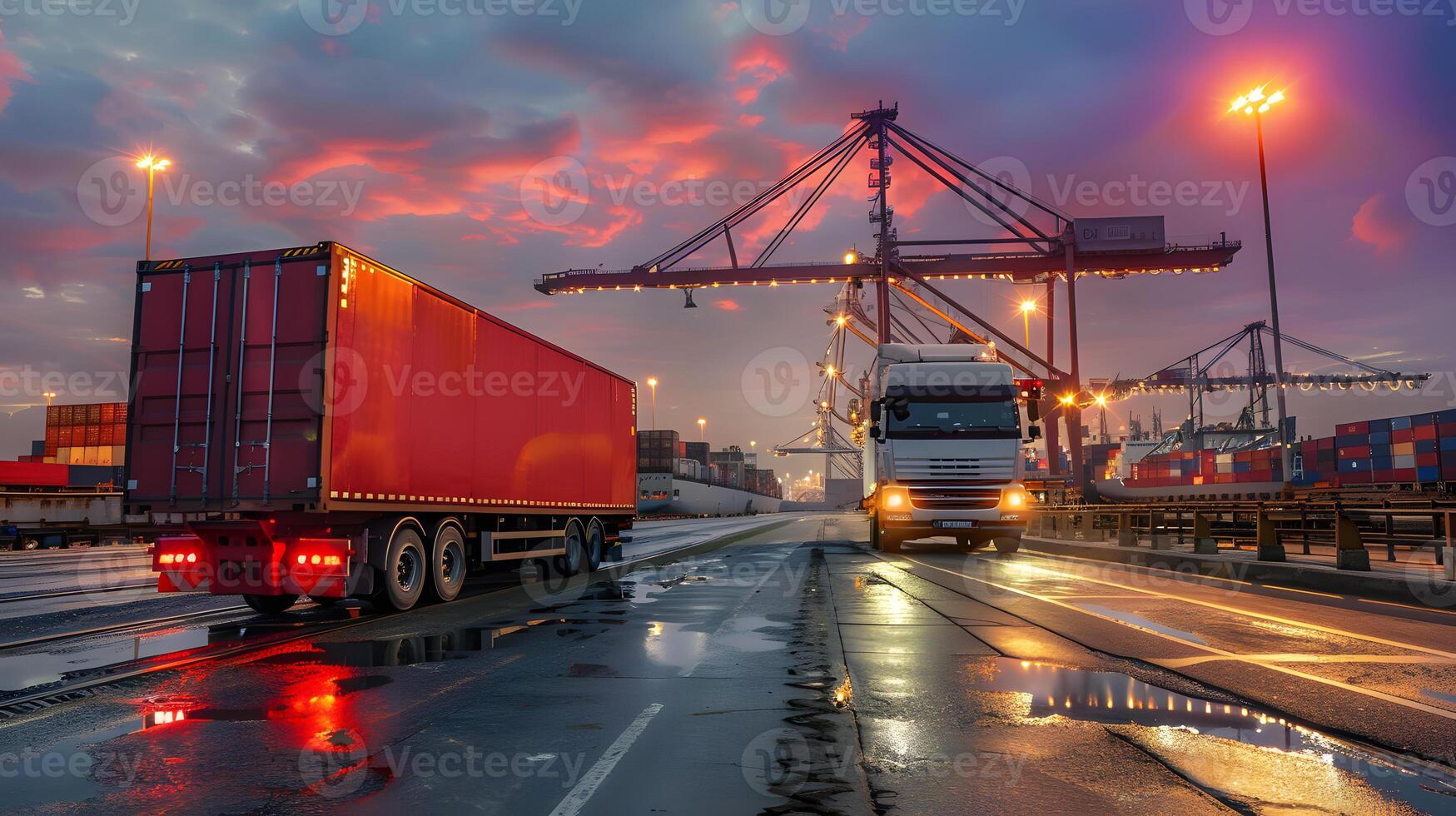 AI generated Truck trailer on the pier in the cargo port terminal with cranes and containers. AI Generated photo