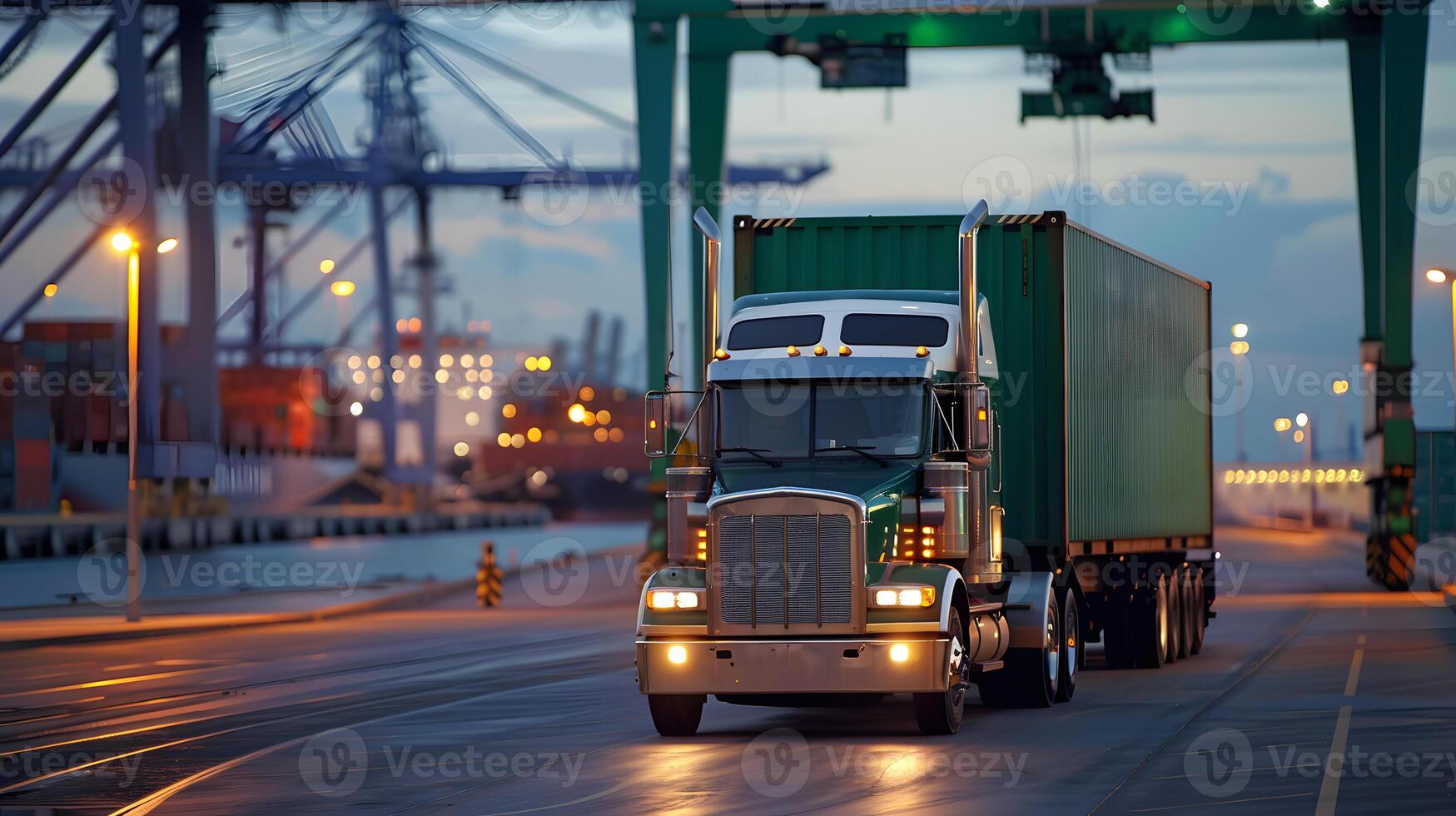 AI generated Truck trailer on the pier in the cargo port terminal with cranes and containers. AI Generated photo