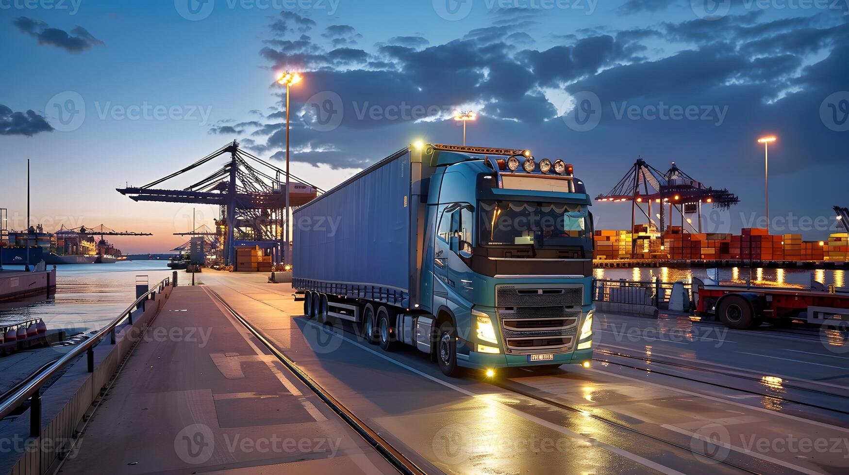 AI generated Truck trailer on the pier in the cargo port terminal with cranes and containers. AI Generated photo