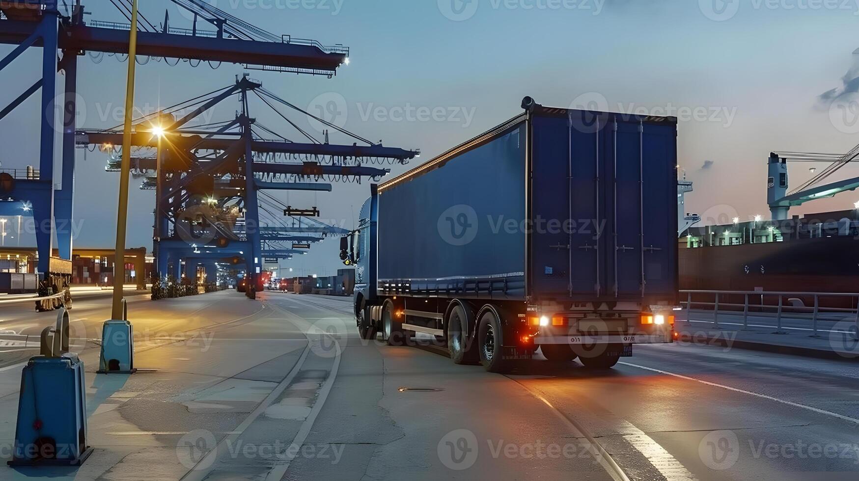 AI generated Truck trailer on the pier in the cargo port terminal with cranes and containers. AI Generated photo