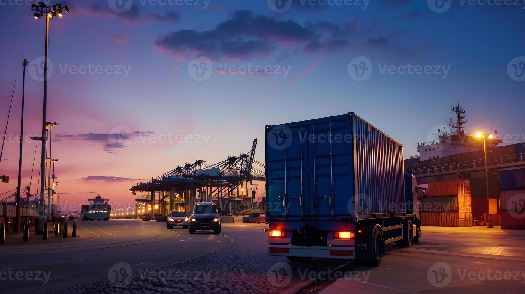 AI generated Truck trailer on the pier in the cargo port terminal with cranes and containers. AI Generated photo