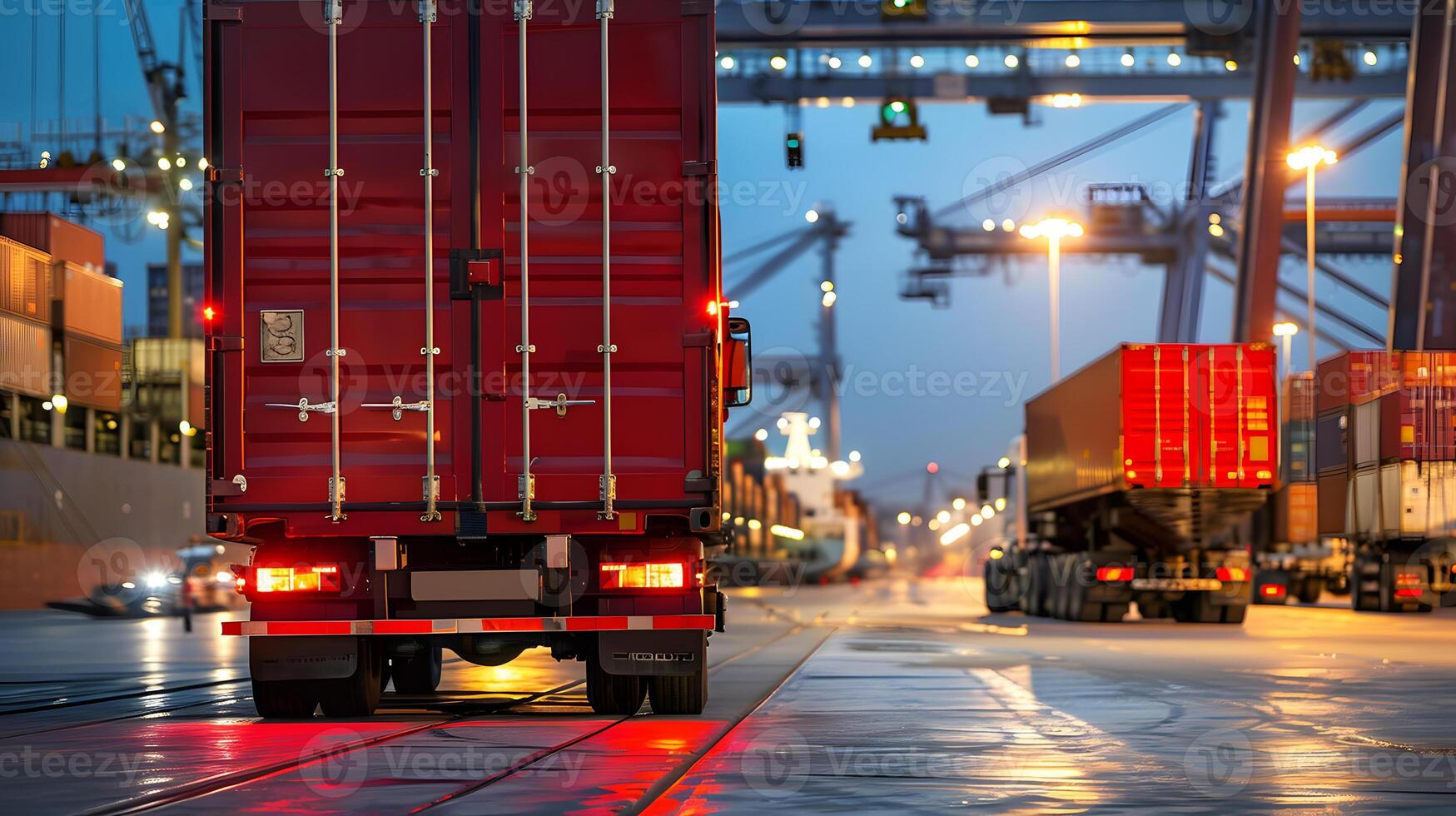 AI generated Truck trailer on the pier in the cargo port terminal with cranes and containers. AI Generated photo