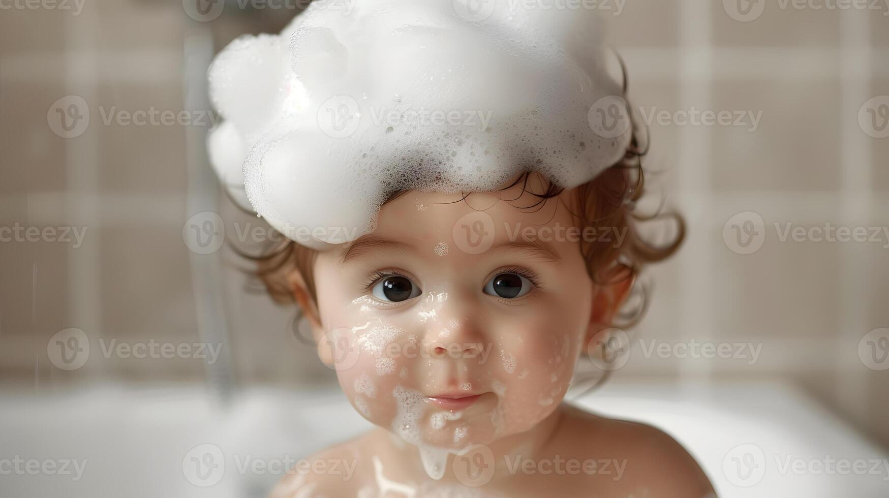 AI generated A cute little child with little foam on his head. AI Generated photo