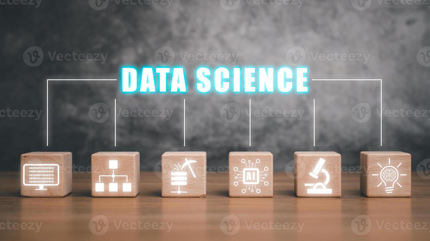 Data science concept, Wooden block on desk with data science icon on virtual screen. photo