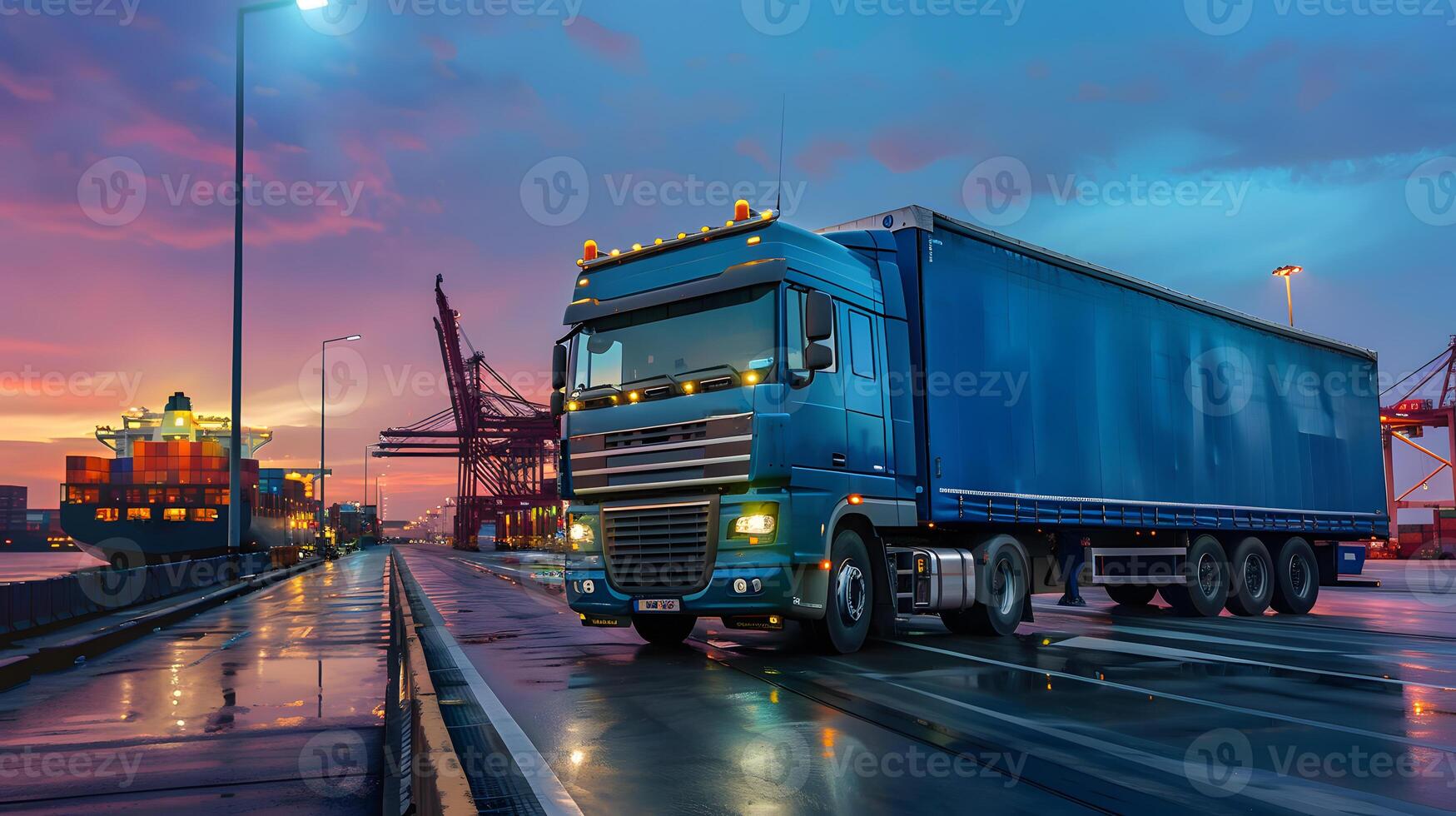 AI generated Truck trailer on the pier in the cargo port terminal with cranes and containers. AI Generated photo