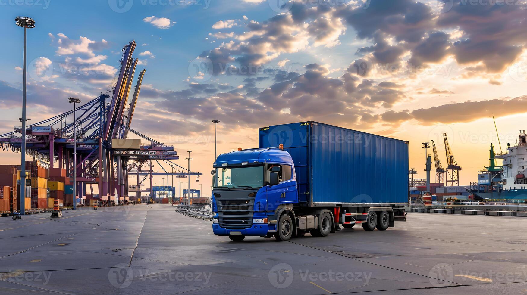 AI generated Truck trailer on the pier in the cargo port terminal with cranes and containers. AI Generated photo