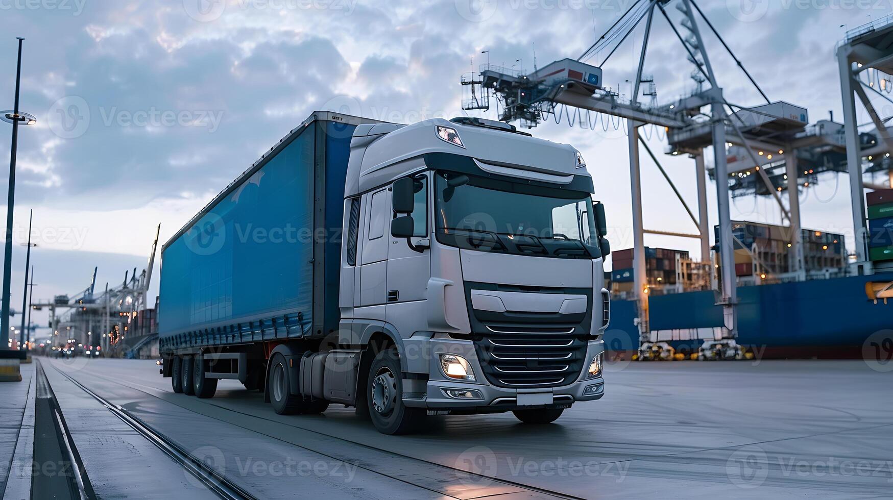 AI generated Truck trailer on the pier in the cargo port terminal with cranes and containers. AI Generated photo