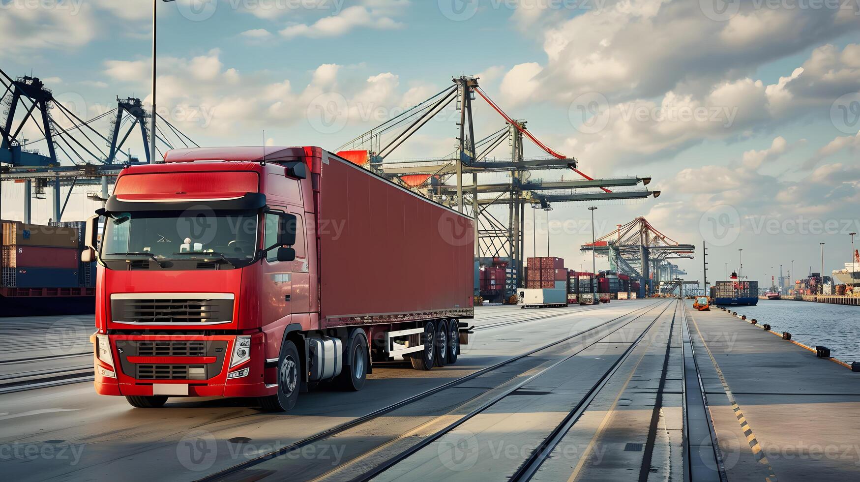 AI generated Truck trailer on the pier in the cargo port terminal with cranes and containers. AI Generated photo