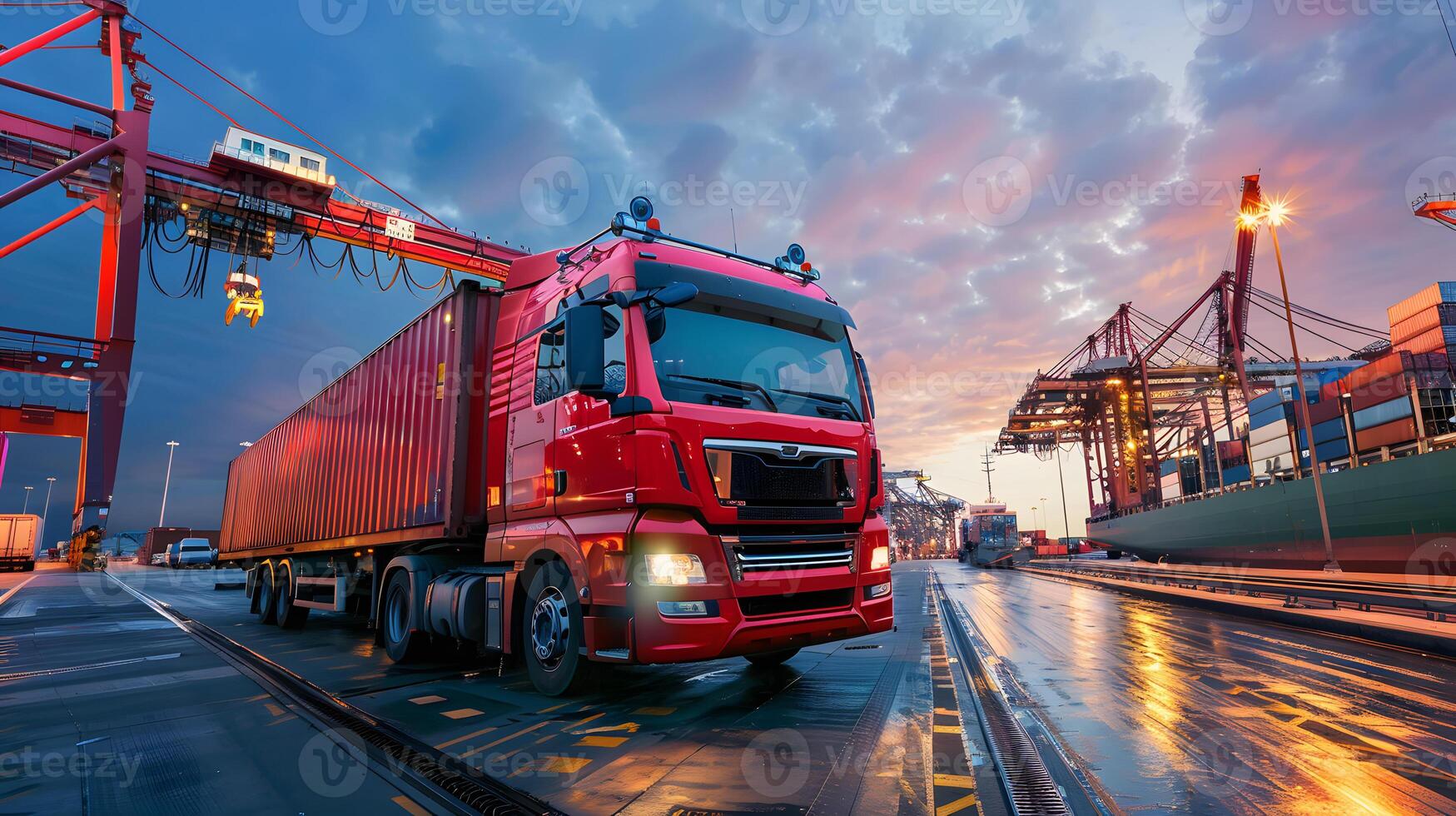 AI generated Truck trailer on the pier in the cargo port terminal with cranes and containers. AI Generated photo