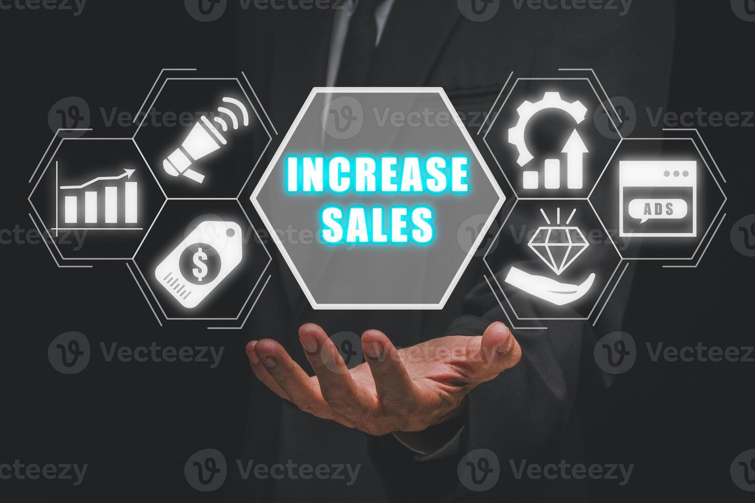 incrementar ventas concepto, empresario mano participación incrementar ventas icono en virtual pantalla. foto