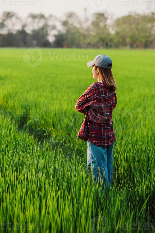 Side view of a pensive female farmer standing amidst a sea of green rice plants, reflecting on the growth of her crops. photo