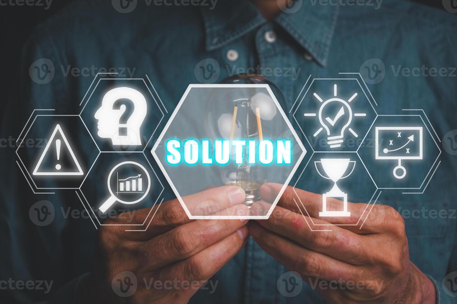 Solution concept, Businessman hand holding lightbulb with solution icon on virtual screen. photo