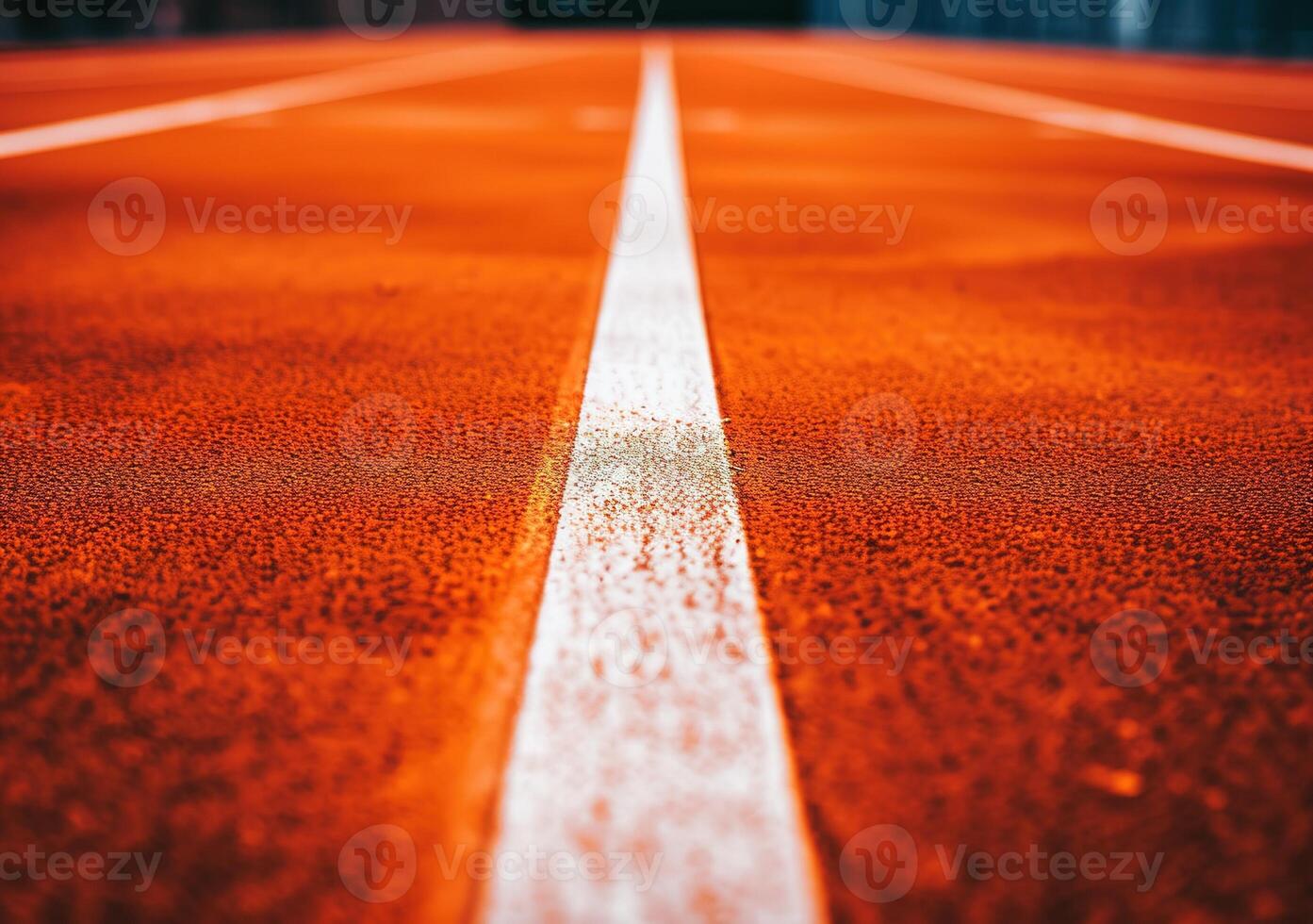 ai generado perspectiva ver de un moderno interior atletismo pista con iluminado techo luces y naranja corriendo pistas - un arquitectónico maravilla para aptitud y Deportes foto