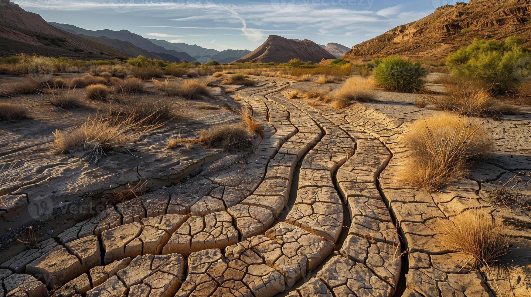 AI generated Golden hour light illuminates a cracked dry riverbed and hardy shrubs in a rugged desert environment, showcasing nature's adaptability. photo