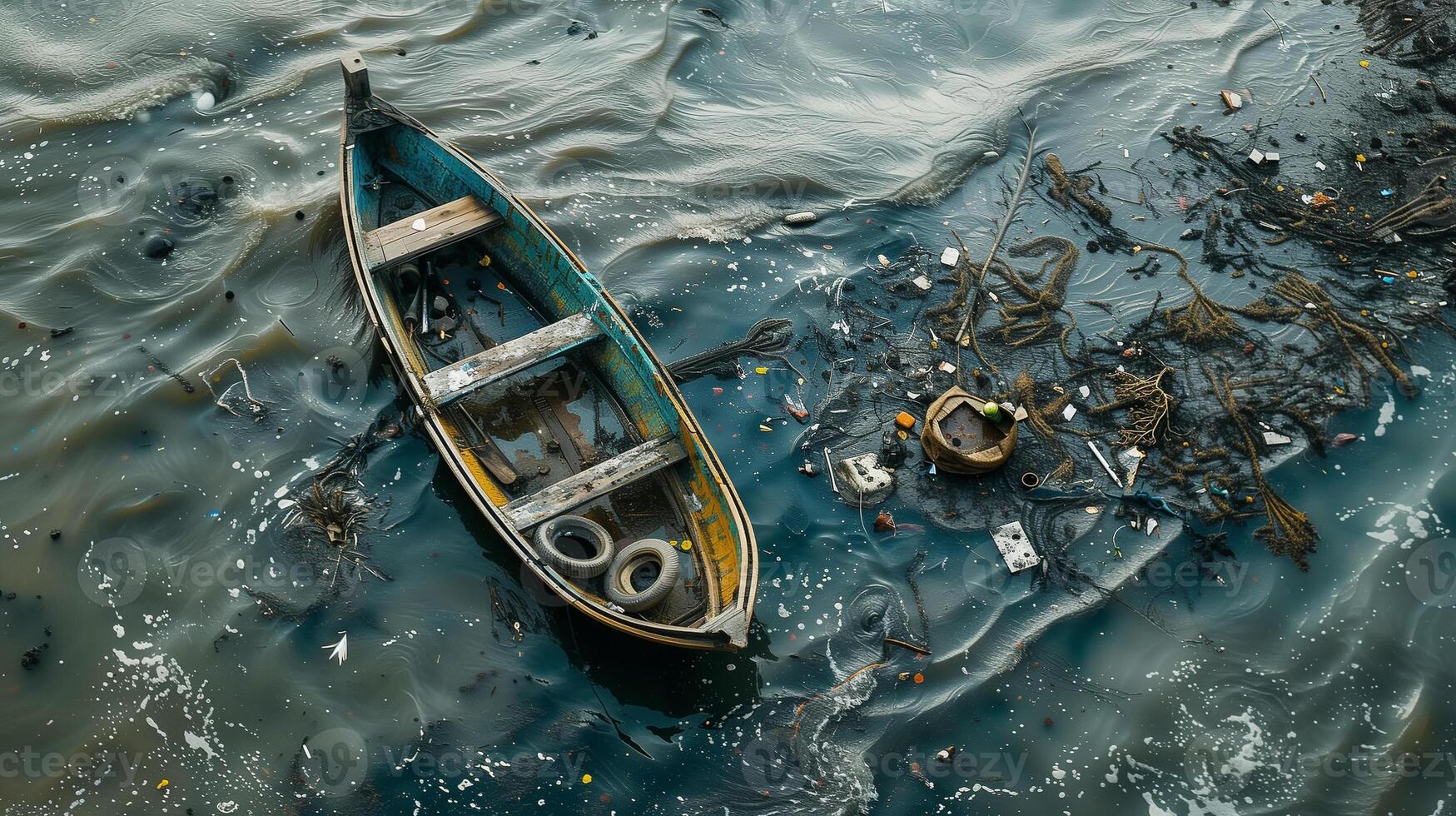 A solitary wooden boat floats in polluted waters, surrounded by debris and waste, highlighting environmental concerns. photo