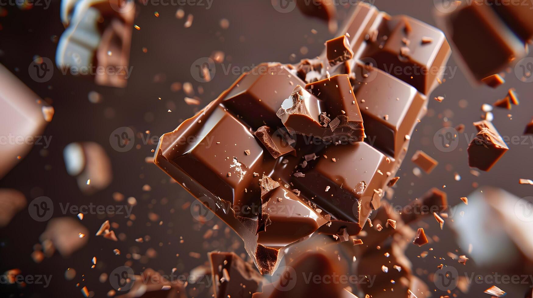 AI generated Sweet dark chocolate bar broken into pieces. AI Generated photo