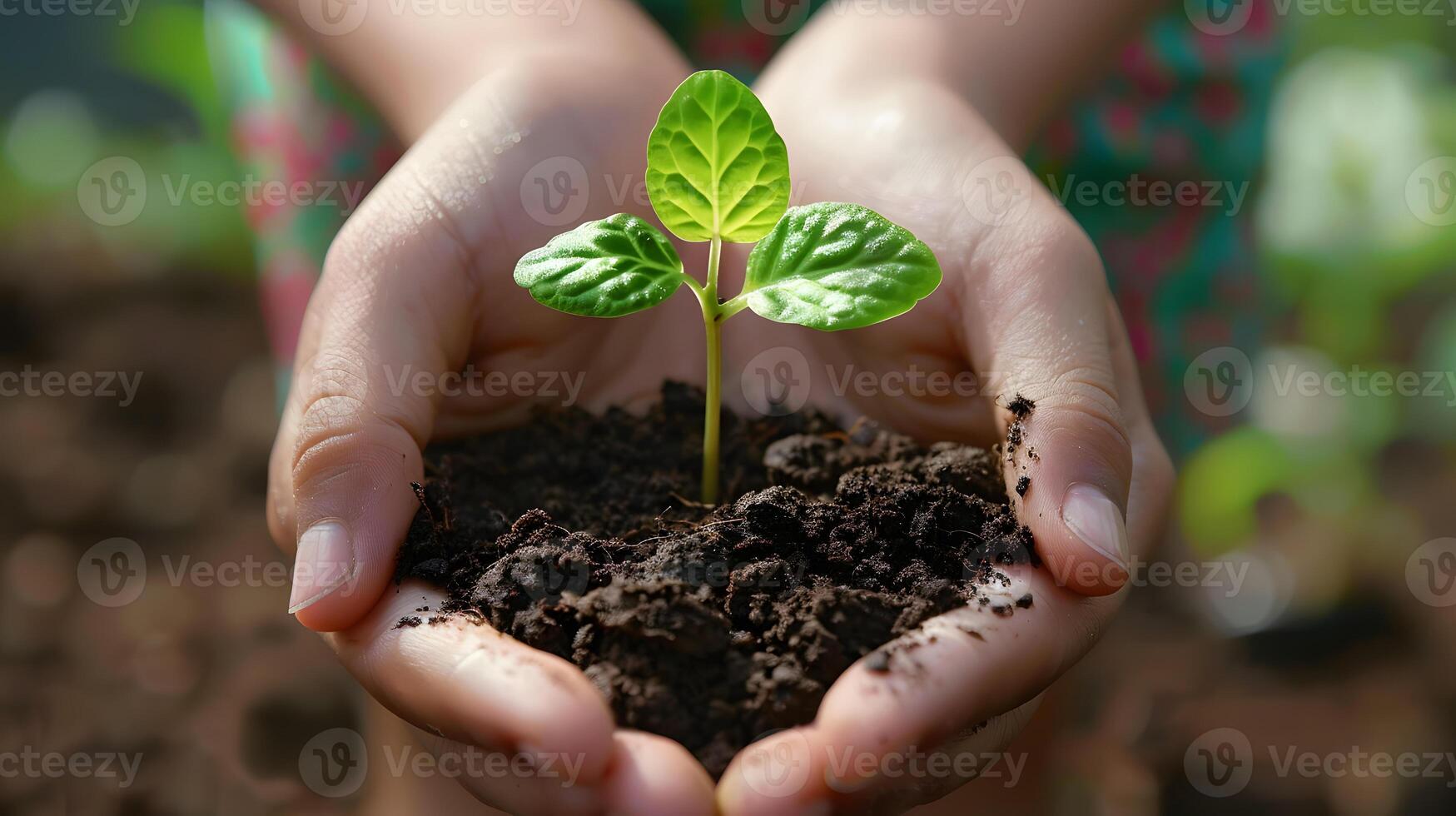 ai generado humano palmas sostener suelo con un verde pequeño planta como un concepto para negocio desarrollo. ai generado foto