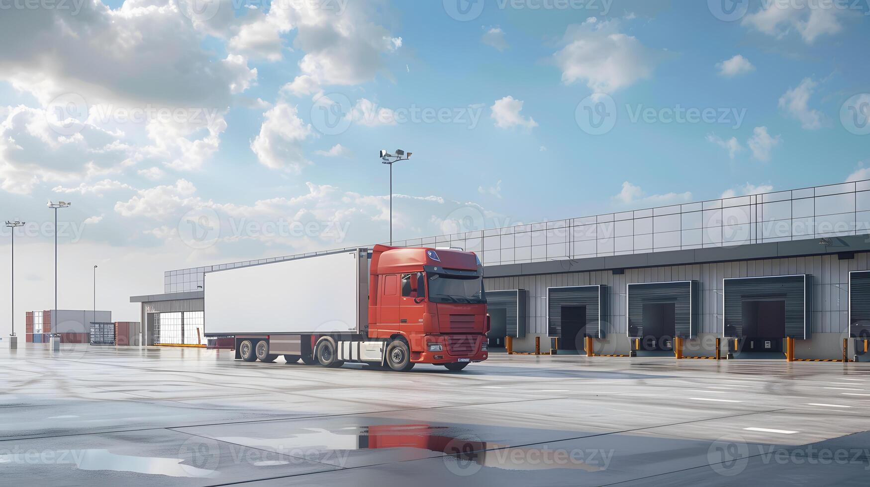 AI generated Truck trailer on the pier in the cargo port terminal with cranes and containers. AI Generated photo