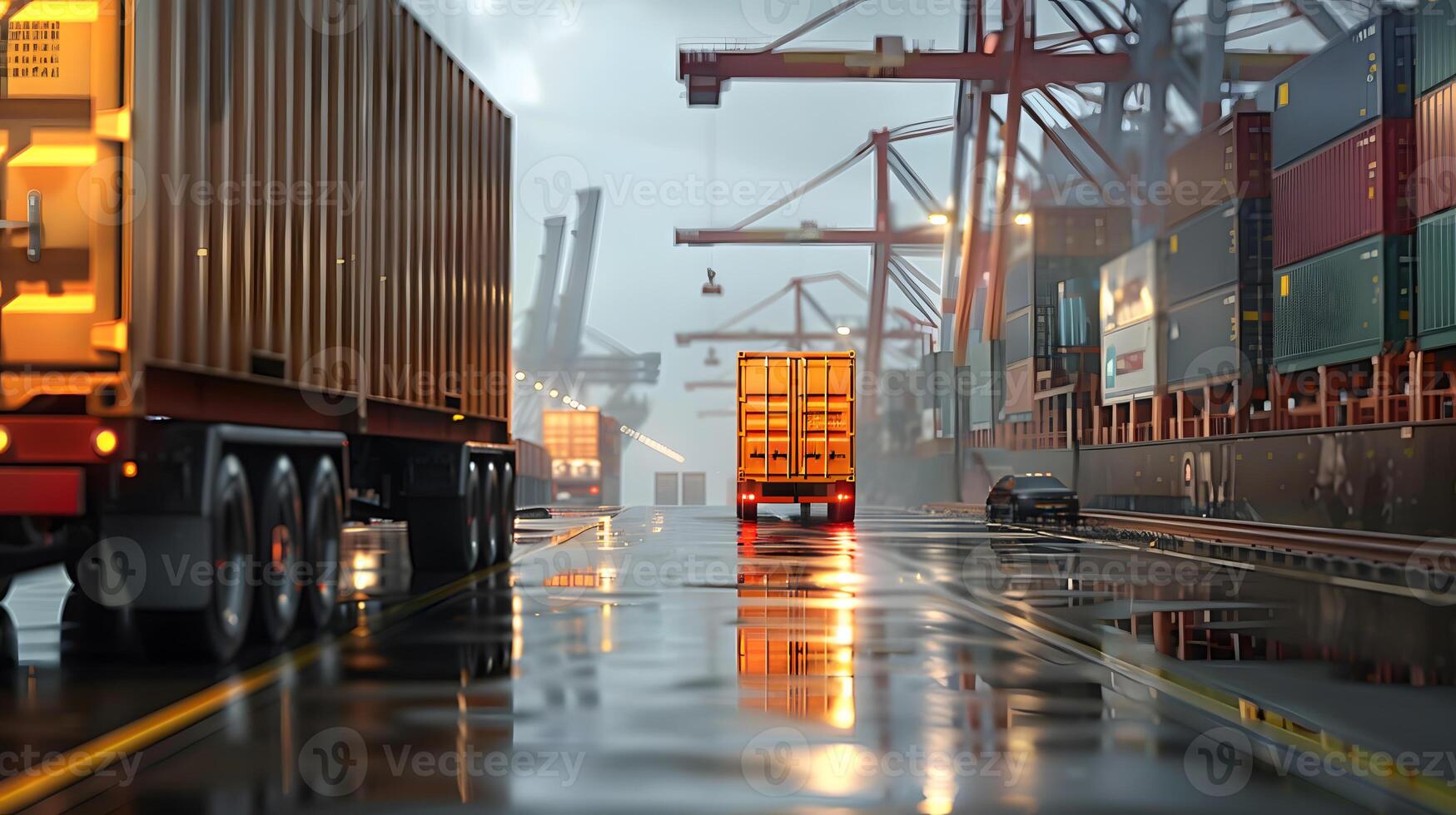 ai generado camión remolque en el muelle en el carga Puerto terminal con grúas y contenedores ai generado foto