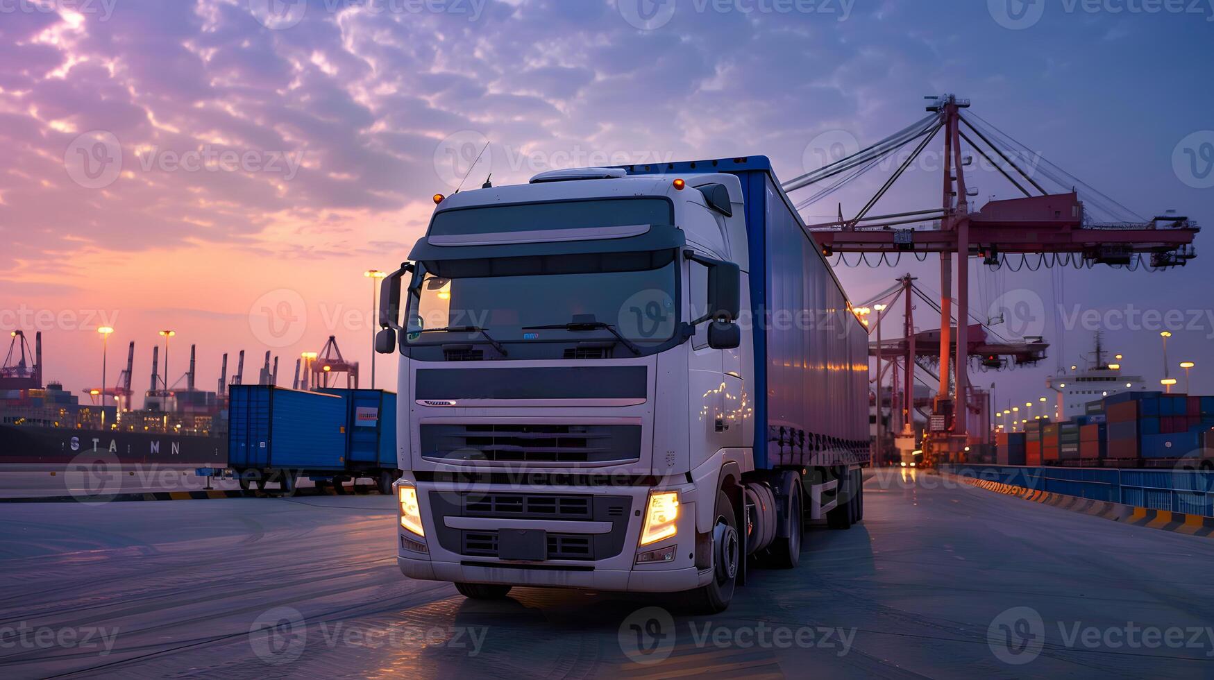 AI generated Truck trailer on the pier in the cargo port terminal with cranes and containers. AI Generated photo