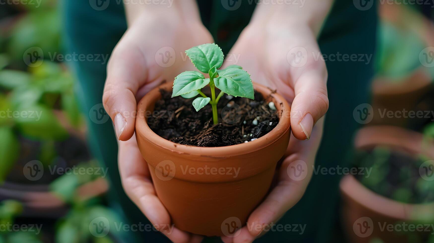 AI generated Human palms hold soil with a green small plant as a concept for business development. AI Generated photo