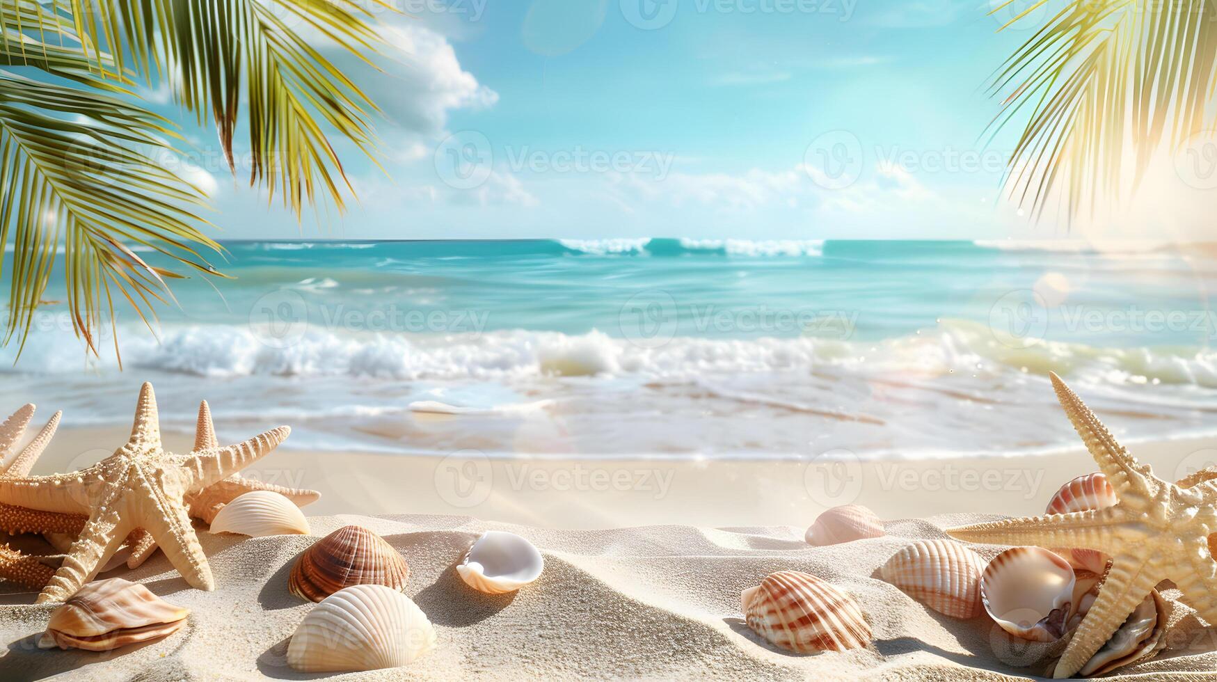 AI generated Azure coast of the ocean with palm trees, sand, surf and shells. AI Generated photo