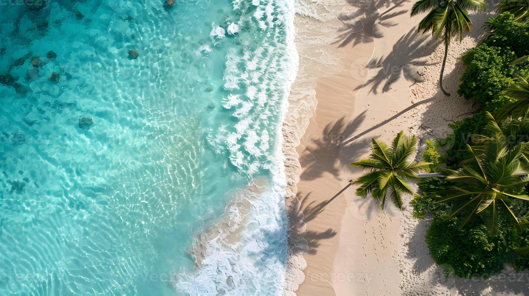 Azure coast of the ocean with palm trees, sand, surf and shells. AI Generated photo