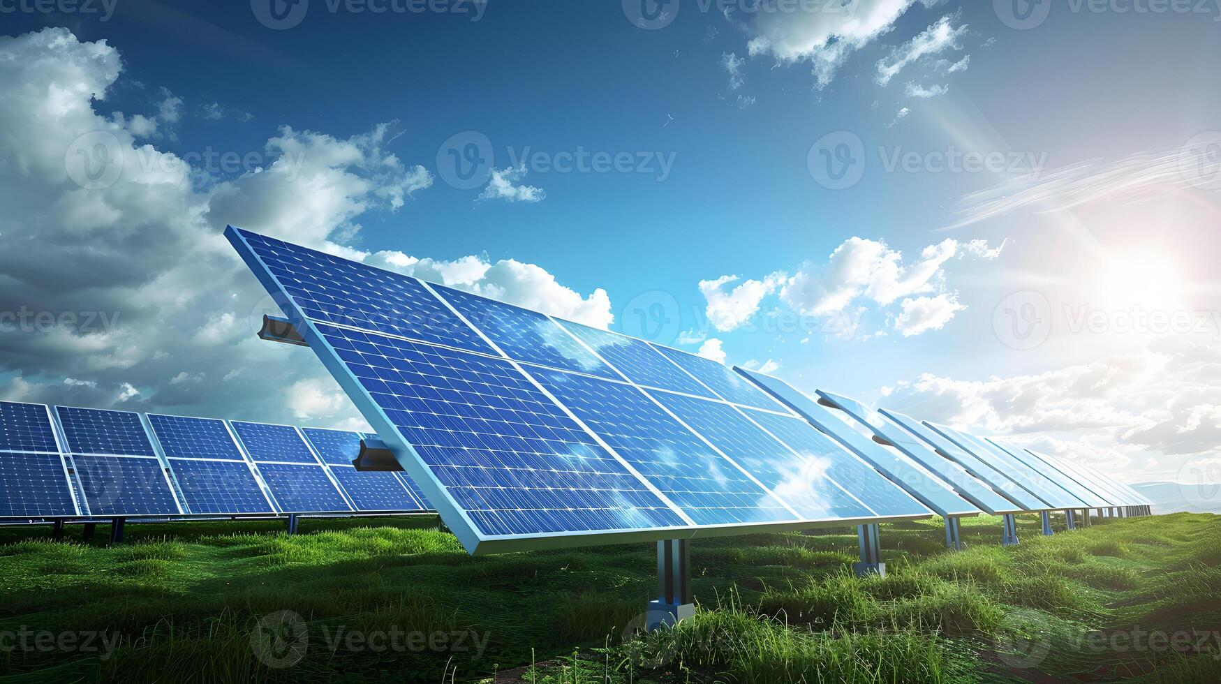 AI generated Fields of solar panels and systems to produce green electricity. AI Generated photo