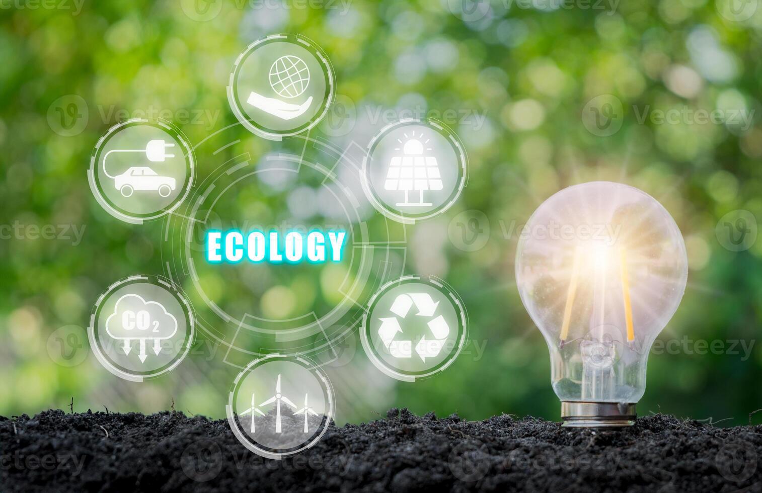 Ecology concept, Lightbulb on soil with ecology icon on virtual screen. photo