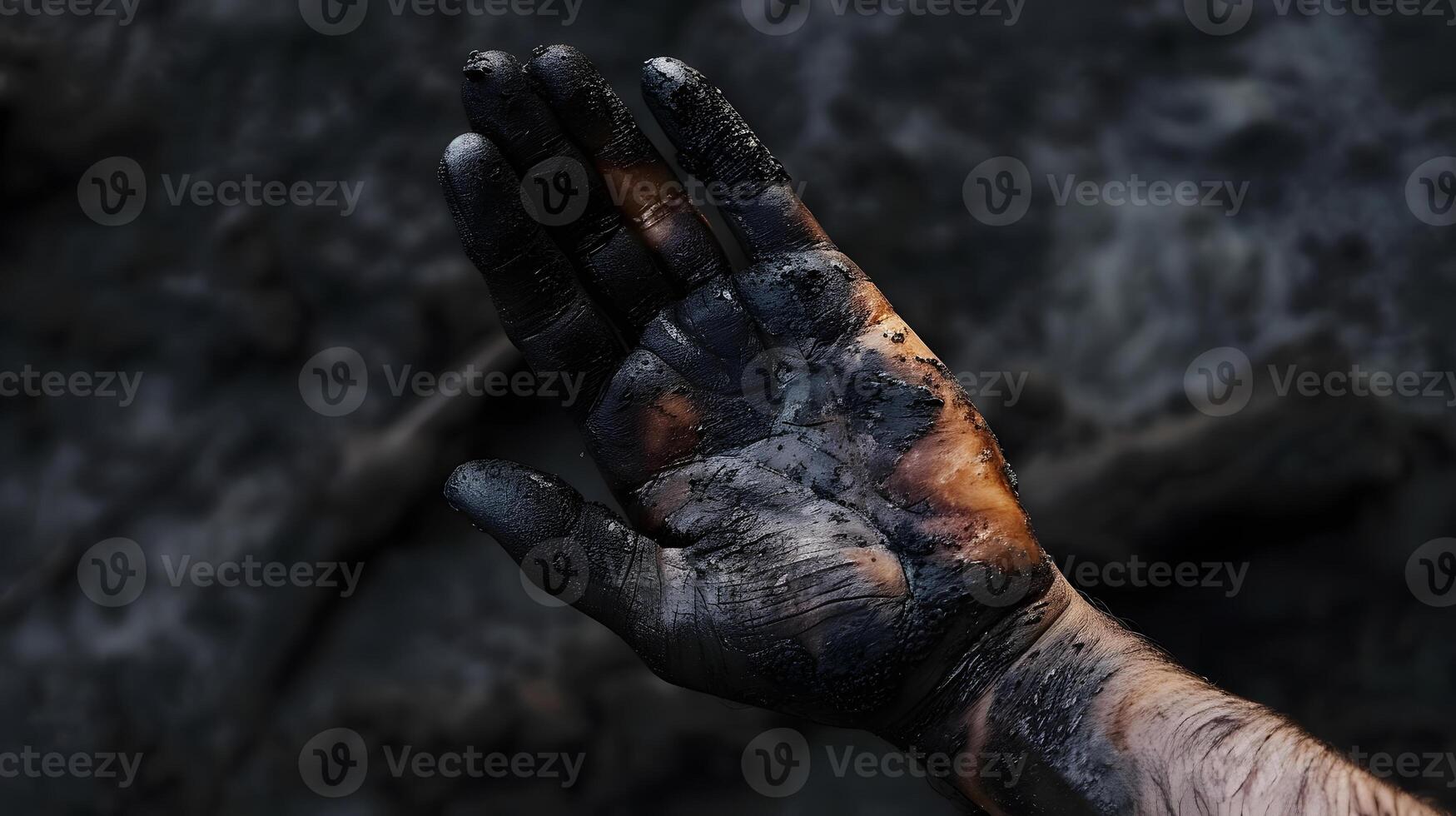 AI generated Burned and Injured Hand with Blisters on Dark Background photo