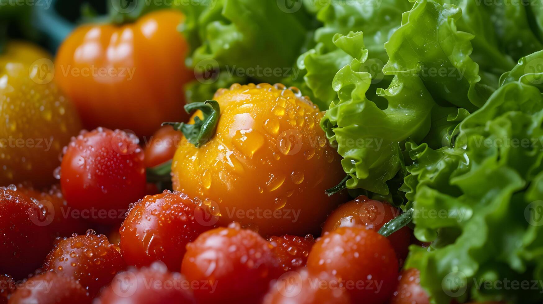 AI generated Fresh Dewy Bell Peppers and Cherry Tomatoes Close-Up photo